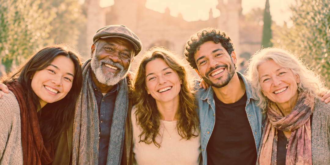 A group of smiling people together in warm evening light