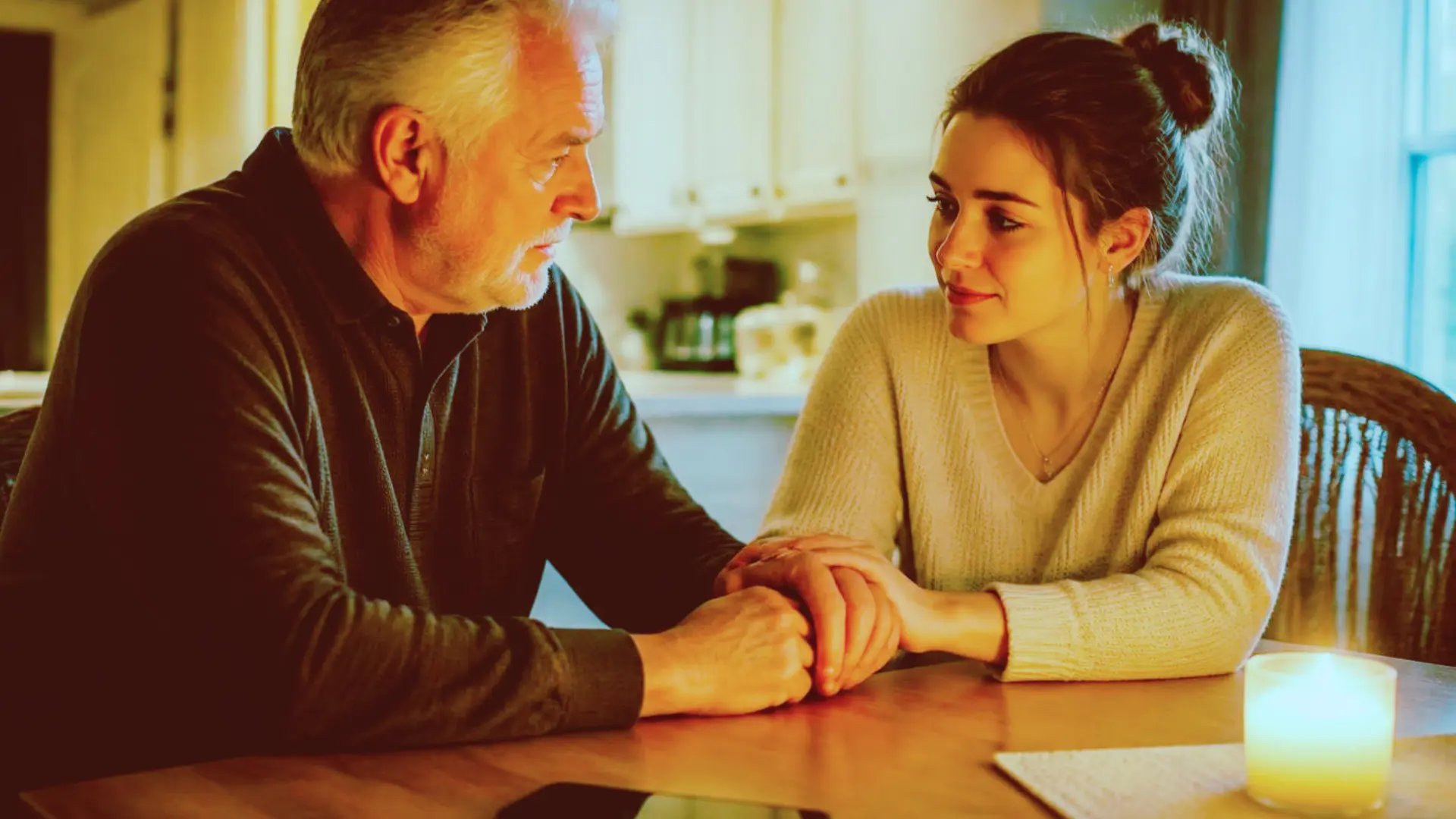 An older man and a younger woman sharing a supportive moment at a kitchen table