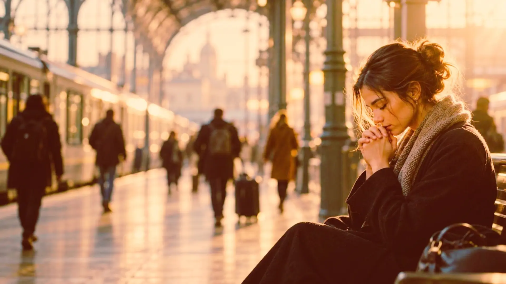 A woman sitting quietly in prayer on a station platform at golden hour