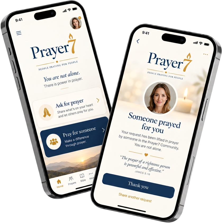 Prayer7 app shown on two phones: asking for prayer and seeing that someone prayed for you